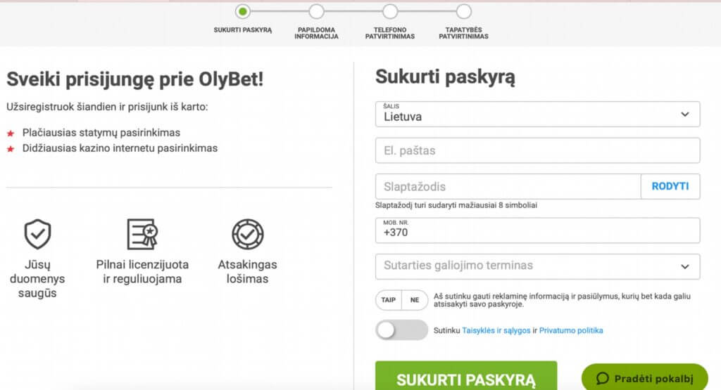 Kaip užregistruoti Olybet paskyrą internetu
